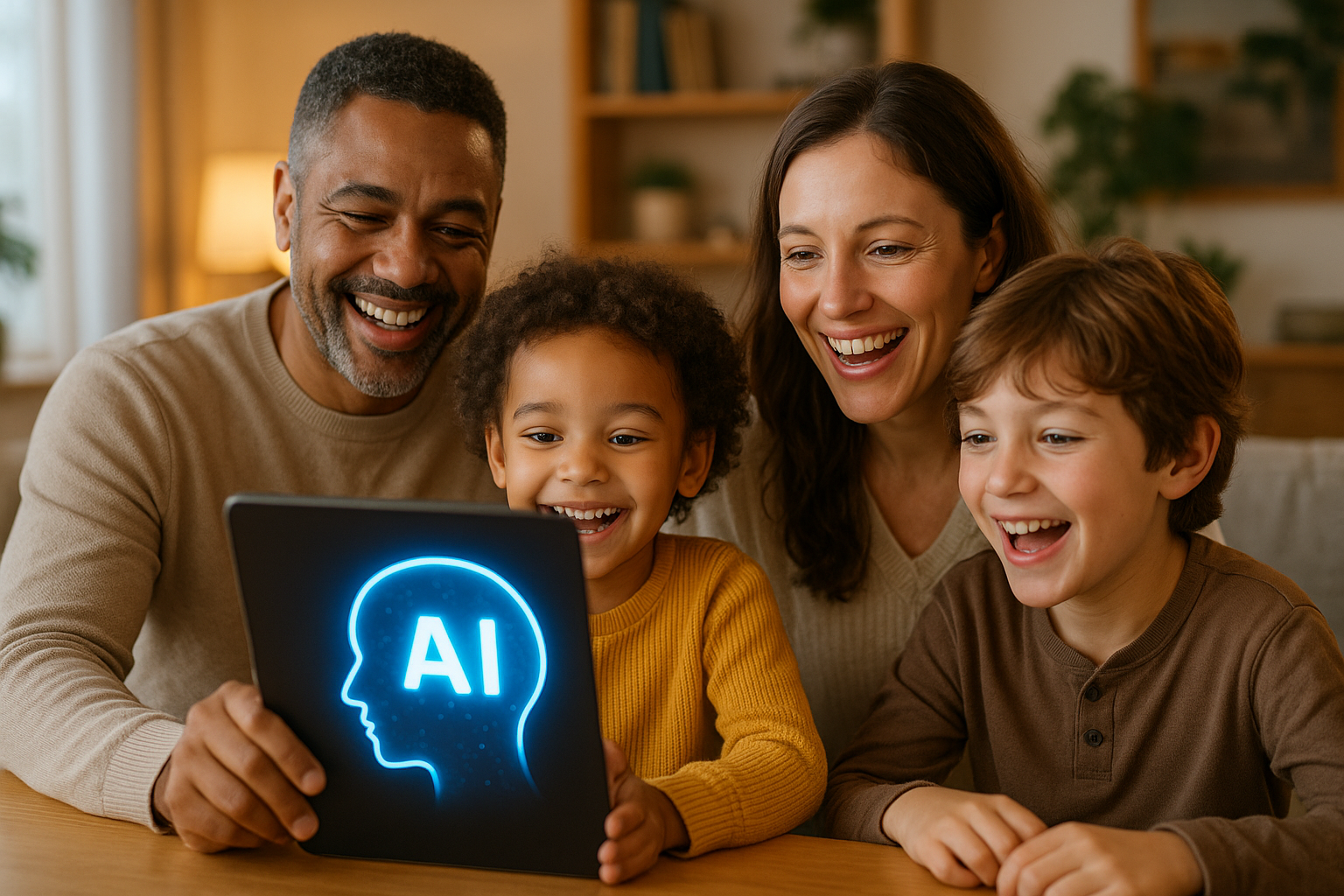 happy person using ai not cartoon a familt