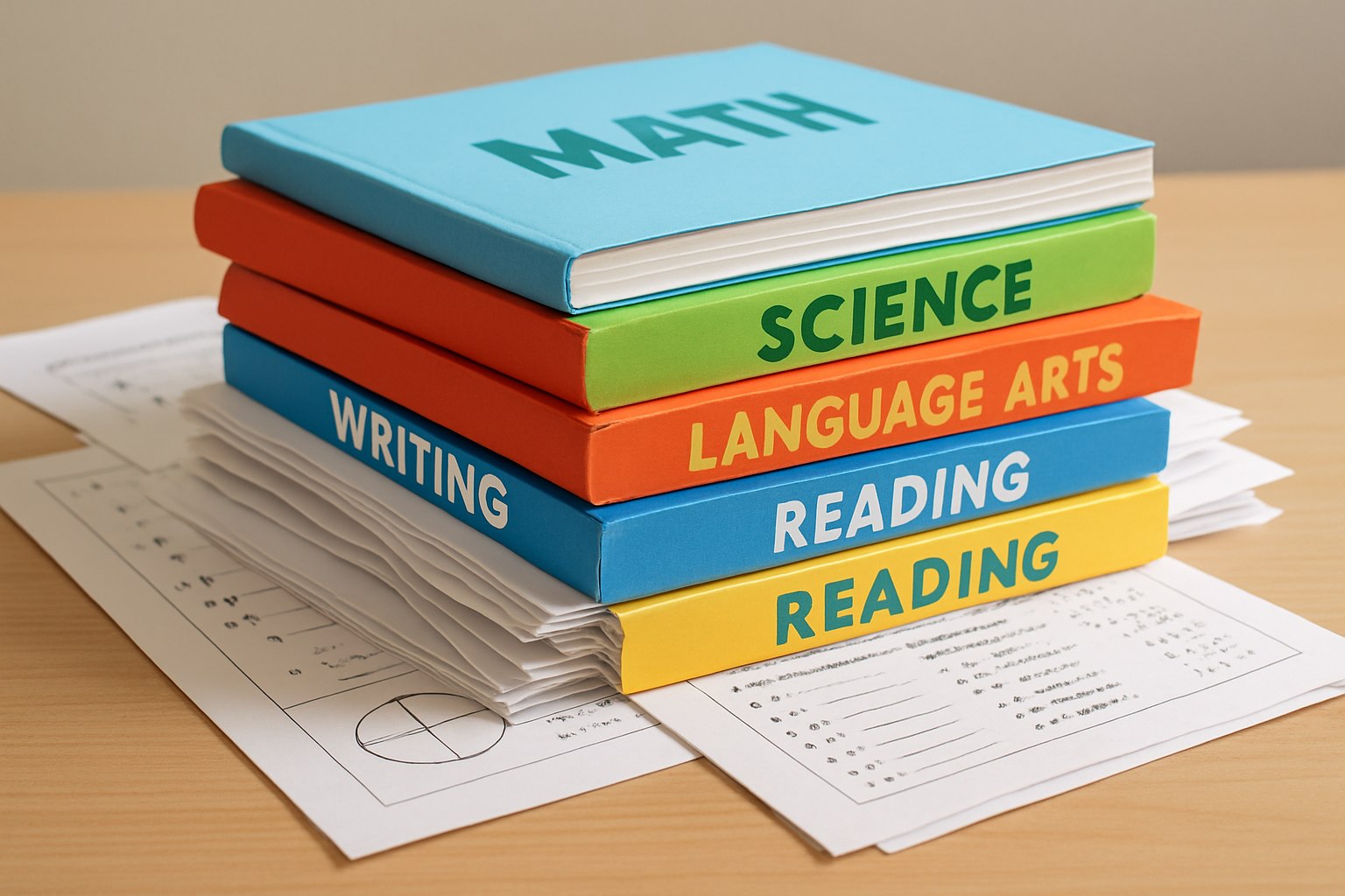 pile of workbooks and worksheets